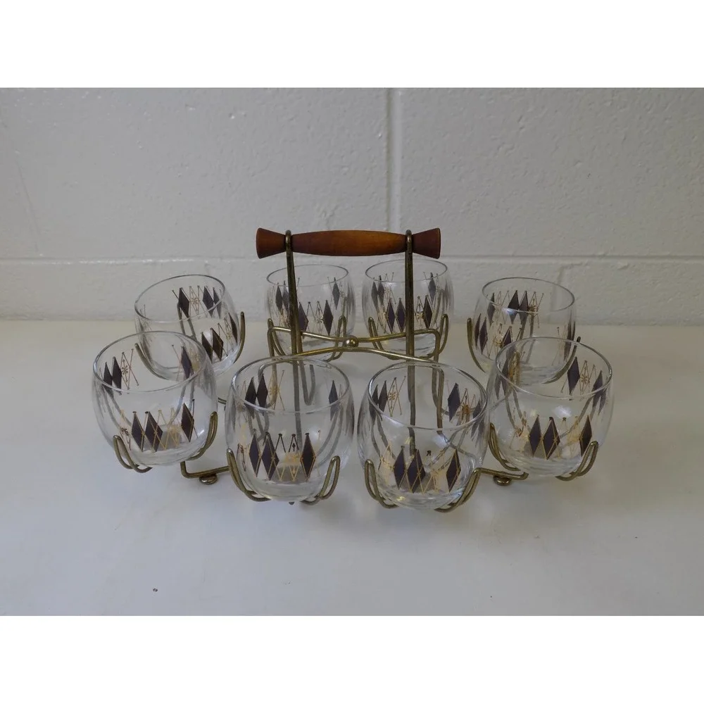 Federal Glass Harlequin Roly Poly Glasses Caddy Set MCM Atomic Barware 9 Pc